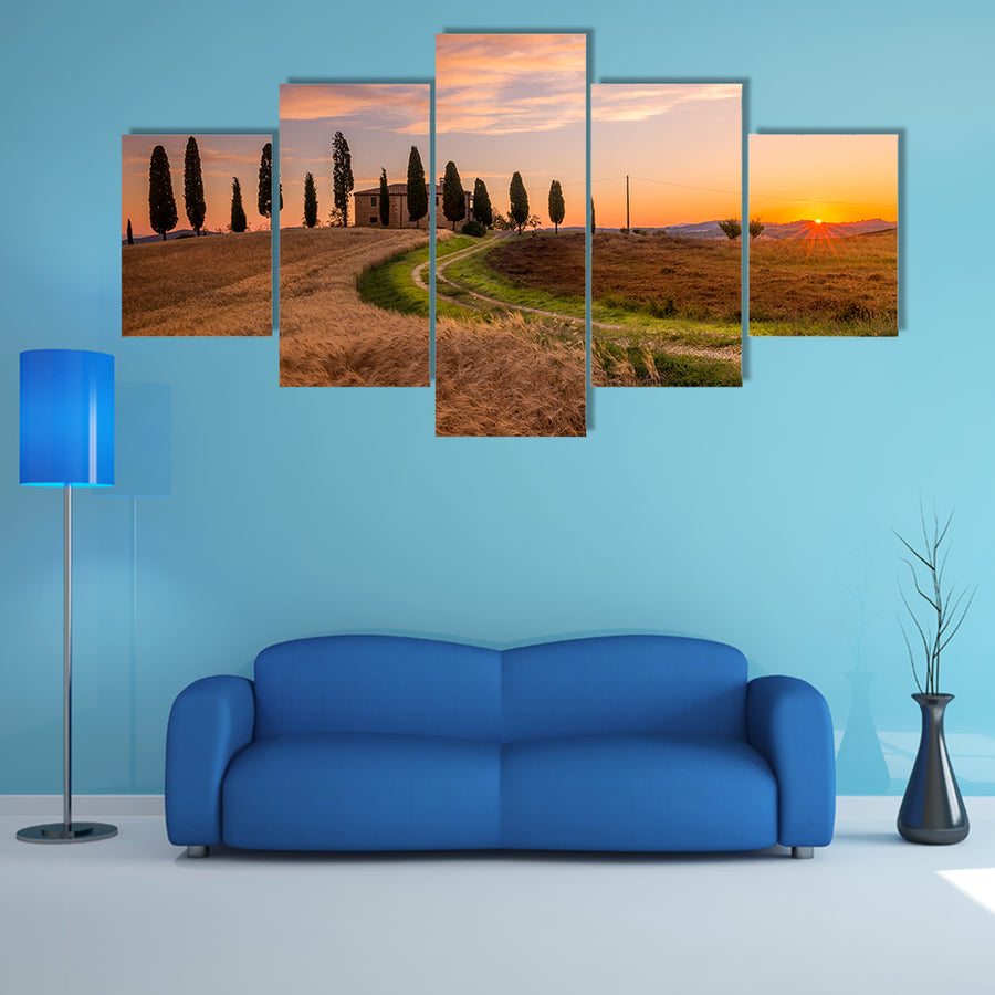 Tuscan sunrise landscape with farmhouse and cypress trees multi panel canvas wall art