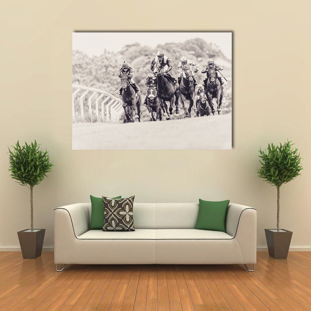 Horses with jockeys out of a curve in fast pace at National dagsgaloppen at Gardet multi panel canvas wall art