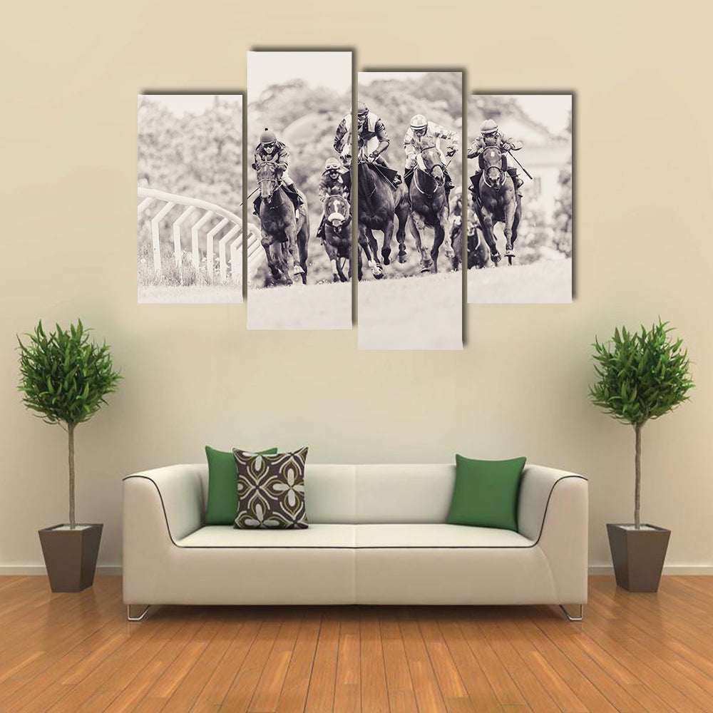 Horses with jockeys out of a curve in fast pace at National dagsgaloppen at Gardet multi panel canvas wall art