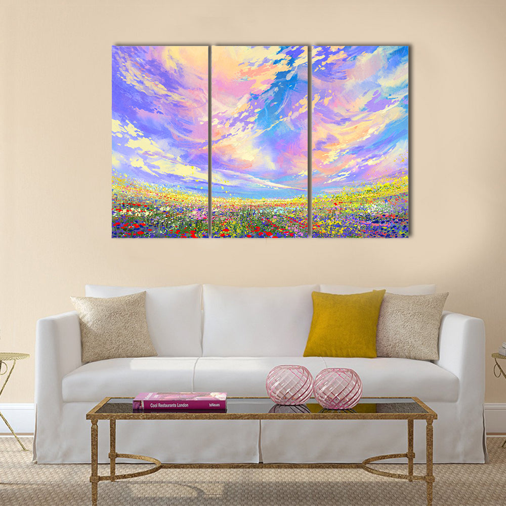 Colorful flowers in field under beautiful clouds Multi Panel Canvas Wall Art