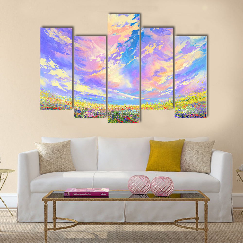 Colorful flowers in field under beautiful clouds Multi Panel Canvas Wall Art