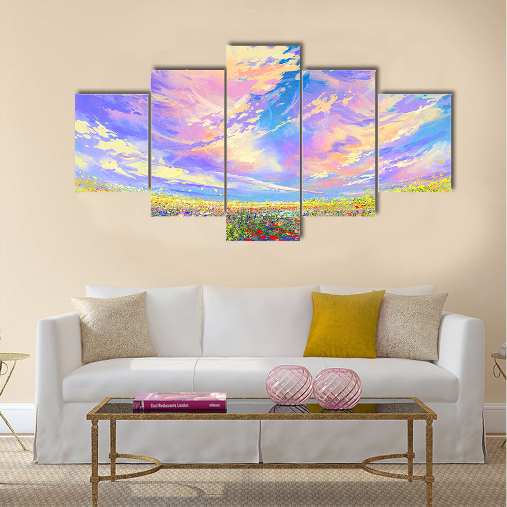 Colorful flowers in field under beautiful clouds Multi Panel Canvas Wall Art