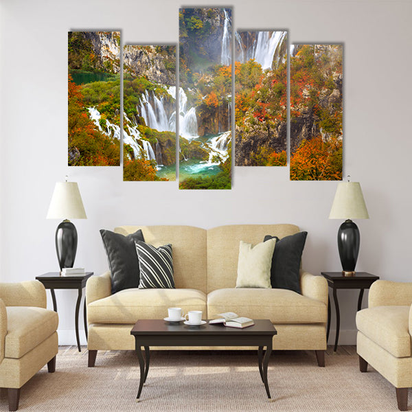 Autumn colors and waterfalls of Plitvice National Park in Croatia Multi Panel Canvas Wall Art