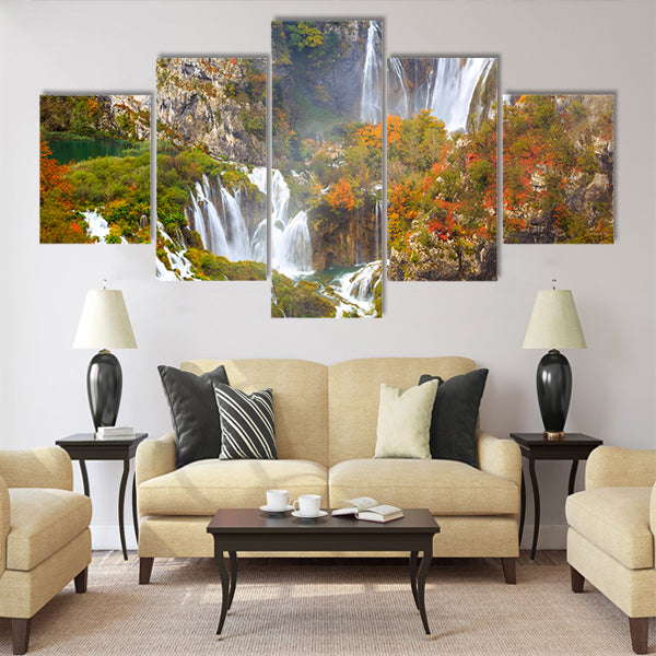 Autumn colors and waterfalls of Plitvice National Park in Croatia Multi Panel Canvas Wall Art