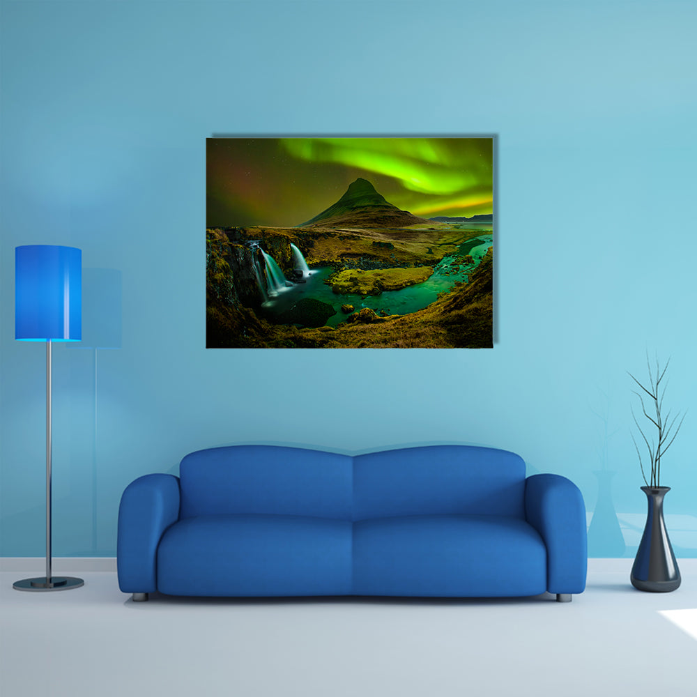 Aurora at Kirkjufell and Waterfall Kirkjufellsfoss, multi panel canvas wall art
