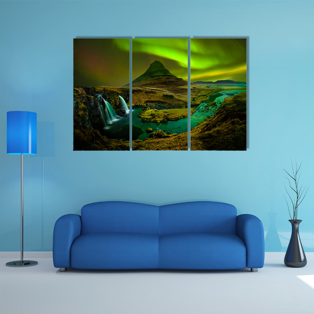 Aurora at Kirkjufell and Waterfall Kirkjufellsfoss, multi panel canvas wall art