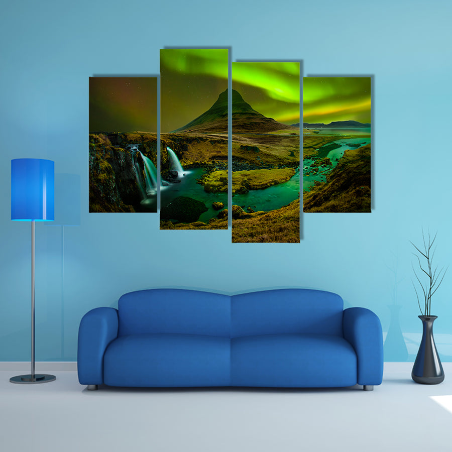 Aurora at Kirkjufell and Waterfall Kirkjufellsfoss, multi panel canvas wall art