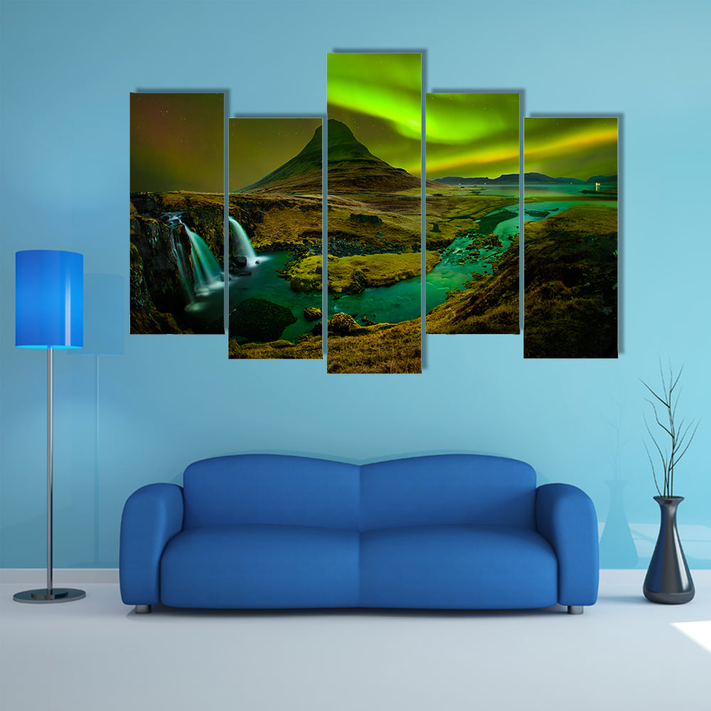 Aurora at Kirkjufell and Waterfall Kirkjufellsfoss, multi panel canvas wall art