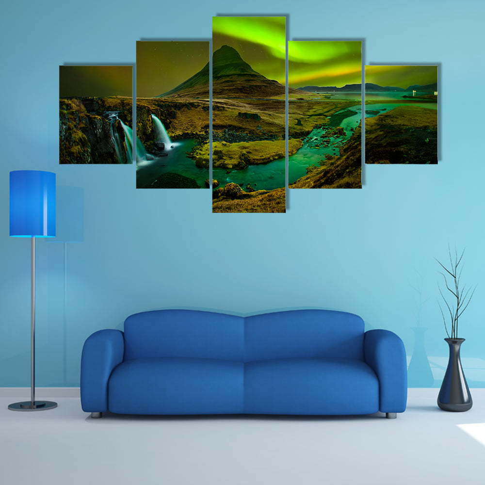 Aurora at Kirkjufell and Waterfall Kirkjufellsfoss, multi panel canvas wall art