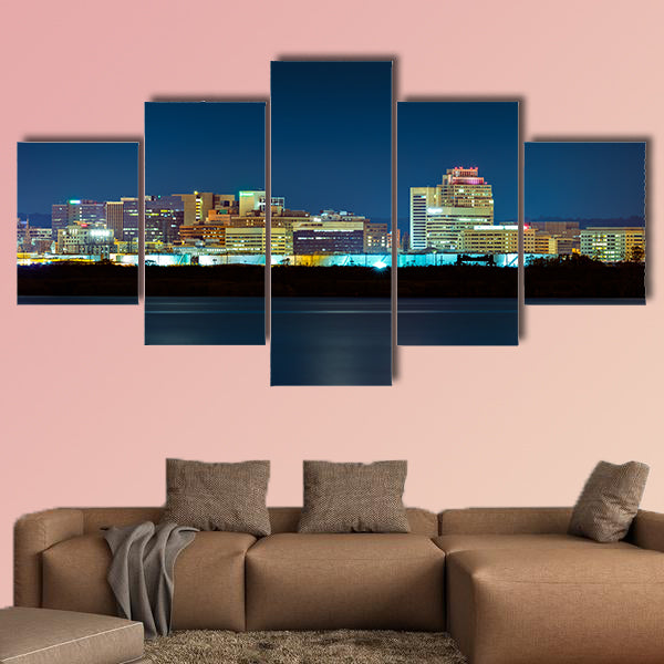 Wilmington skyline by night, viewed from New Jersey multi panel canvas wall art