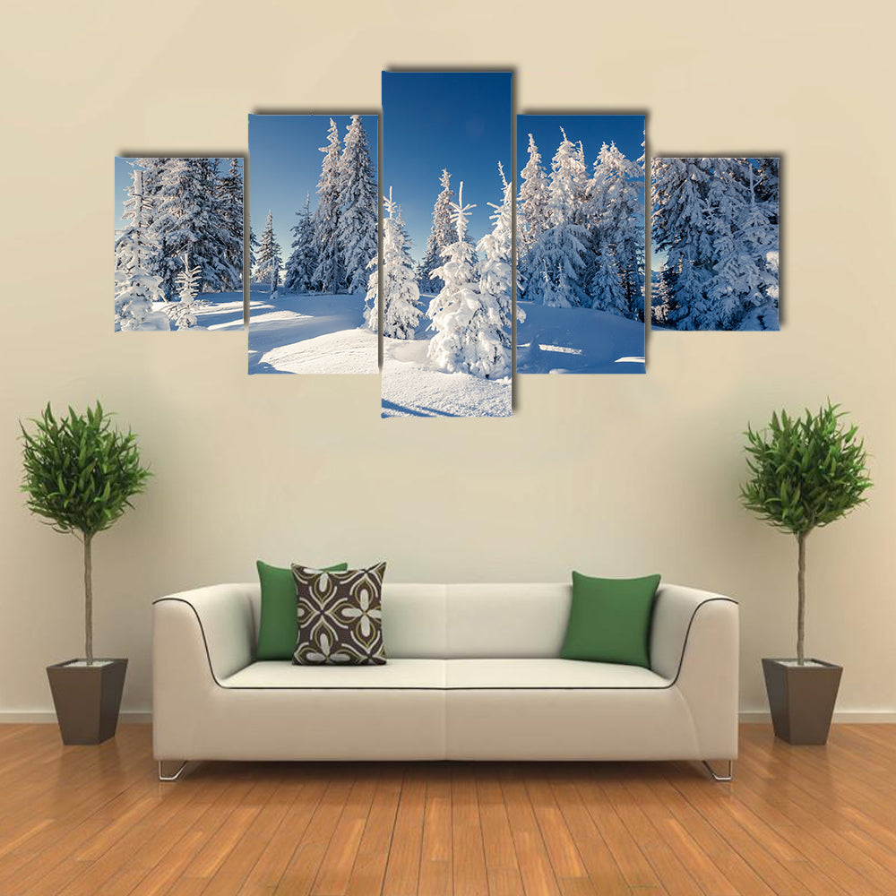 Majestic winter landscape glowing by sunlight multi panel canvas wall art
