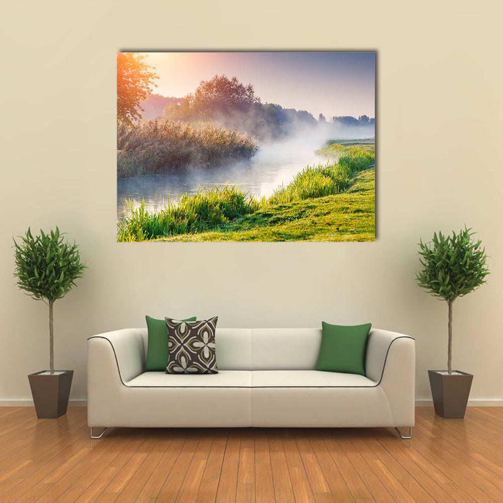 Fantastic foggy river with fresh green grass in the sunny beams multi panel canvas wall art