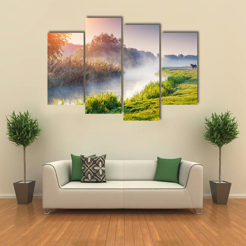 Fantastic foggy river with fresh green grass in the sunny beams multi panel canvas wall art