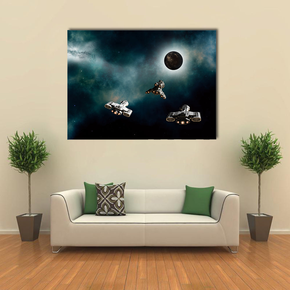 Science Fiction of Three Spaceships Approaching a Dark Alien Planet in Deep Space, Multi Panel Canvas Wall Art