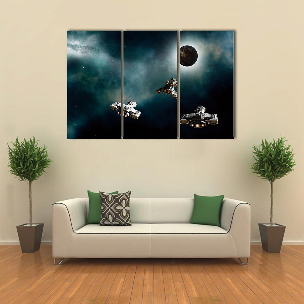Science Fiction of Three Spaceships Approaching a Dark Alien Planet in Deep Space, Multi Panel Canvas Wall Art