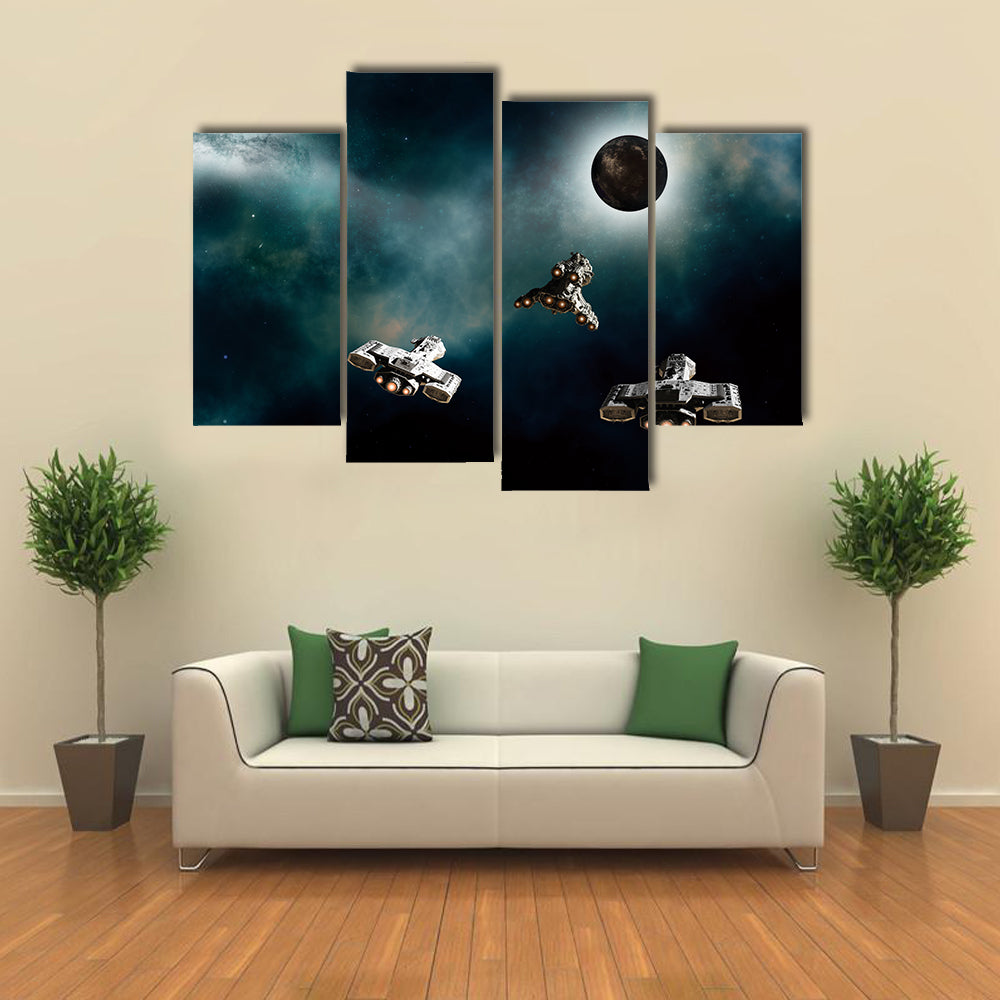 Science Fiction of Three Spaceships Approaching a Dark Alien Planet in Deep Space, Multi Panel Canvas Wall Art