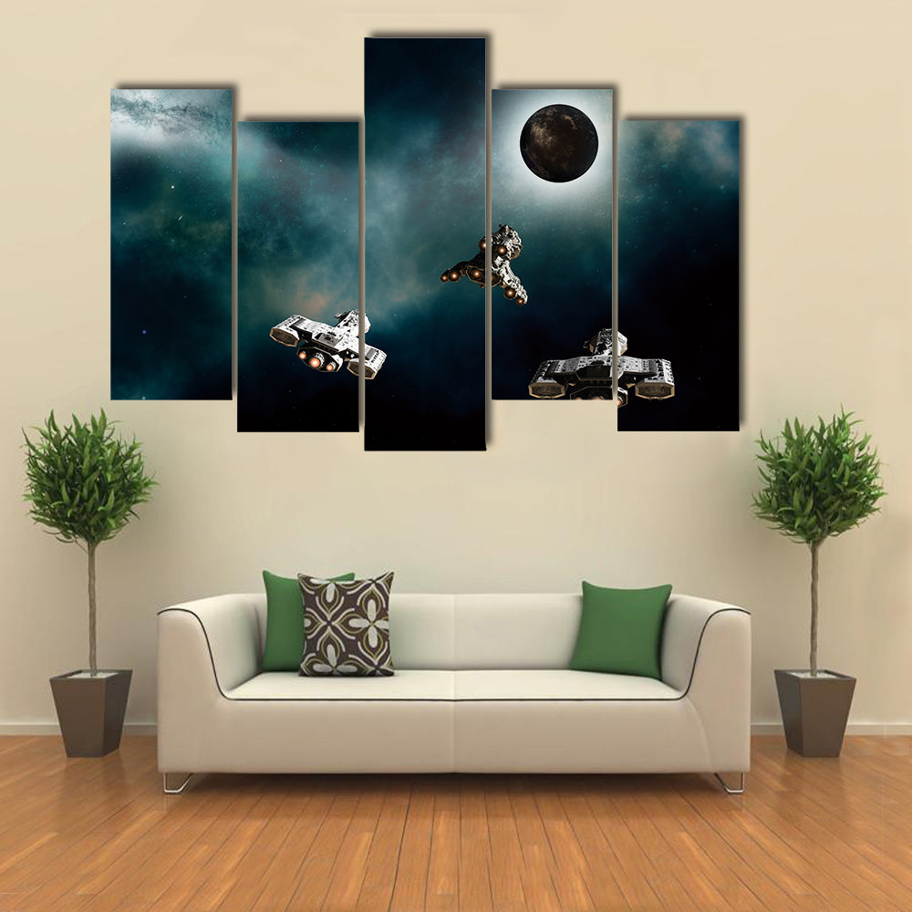 Science Fiction of Three Spaceships Approaching a Dark Alien Planet in Deep Space, Multi Panel Canvas Wall Art