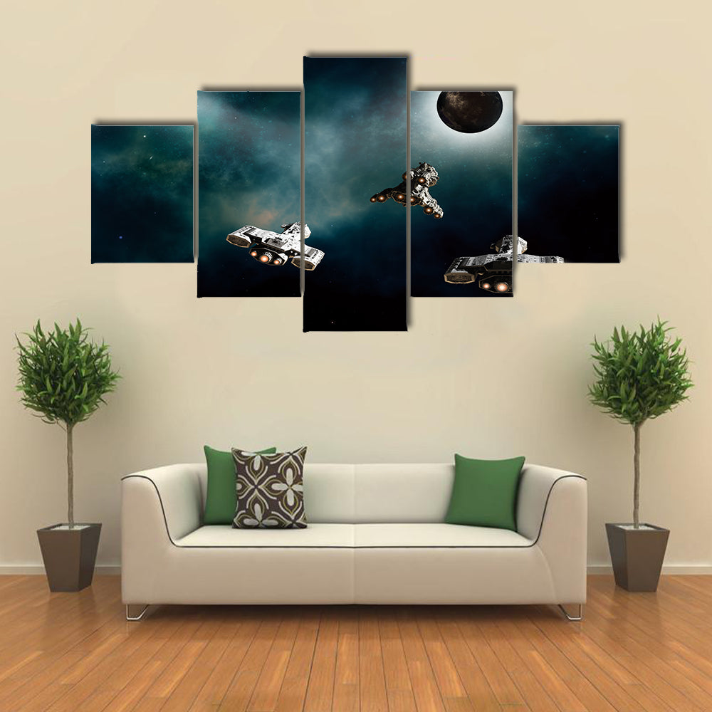 Science Fiction of Three Spaceships Approaching a Dark Alien Planet in Deep Space, Multi Panel Canvas Wall Art