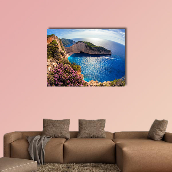 Navagio beach with shipwreck and flowers against sunset, Zakynthos Island, Greece multi panel canvas wall art