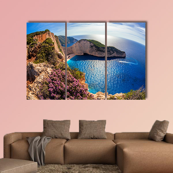 Navagio beach with shipwreck and flowers against sunset, Zakynthos Island, Greece multi panel canvas wall art