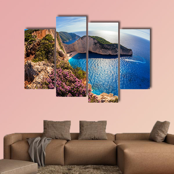 Navagio beach with shipwreck and flowers against sunset, Zakynthos Island, Greece multi panel canvas wall art