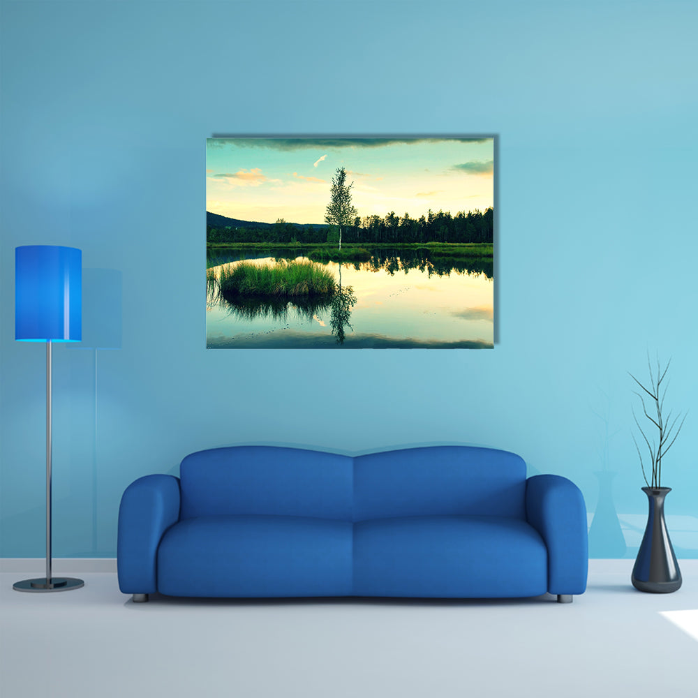 Swampy lake with mirror water level in mysterious forest, multi panel canvas wall art