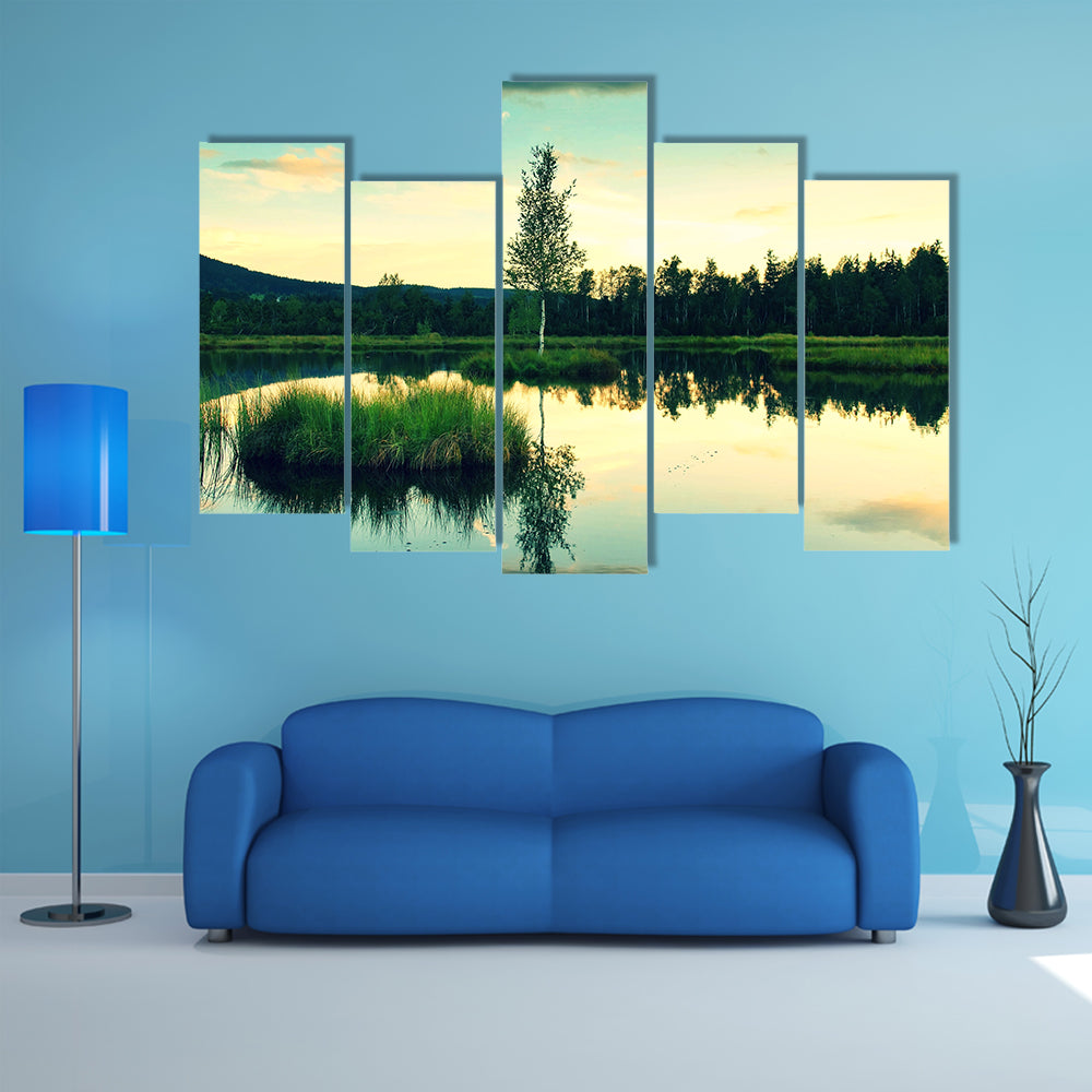 Swampy lake with mirror water level in mysterious forest, multi panel canvas wall art