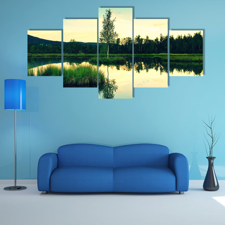 Swampy lake with mirror water level in mysterious forest, multi panel canvas wall art