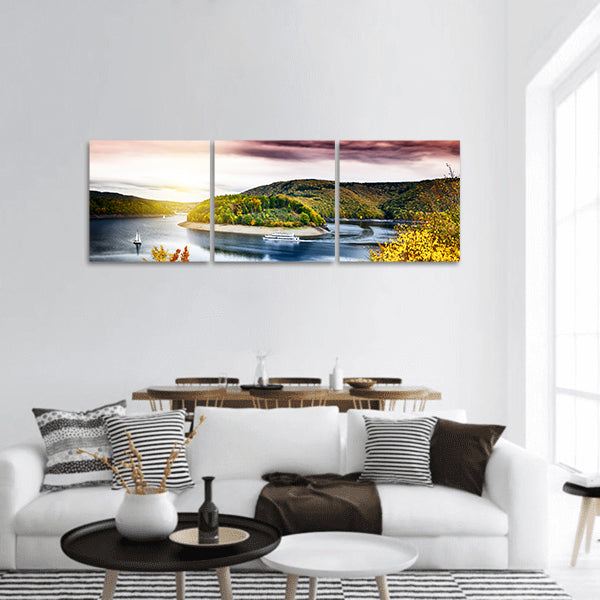 Autumn landscape with Nature, spectacular sunset over river Panoramic Canvas Wall Art