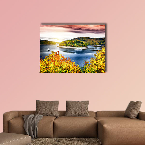 Autumn landscape with spectacular sunset over river canvas wall art