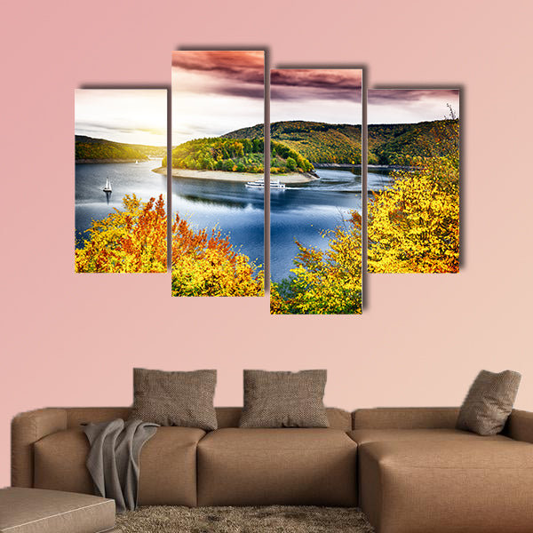 Autumn landscape with spectacular sunset over river canvas wall art