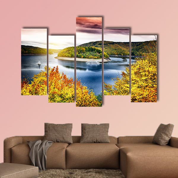 Autumn landscape with spectacular sunset over river canvas wall art