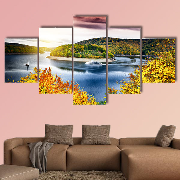 Autumn landscape with spectacular sunset over river canvas wall art