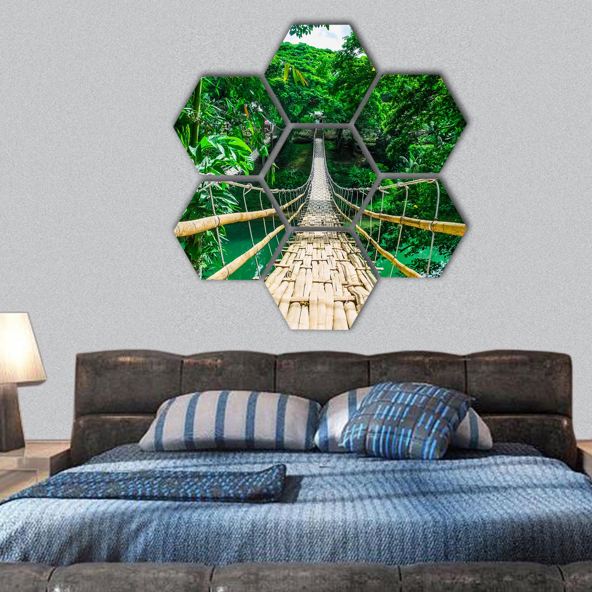 Bamboo pedestrian suspension bridge over river in forest hexagonal canvas wall art