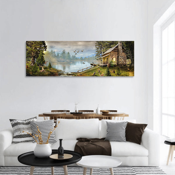 House in the the forest panoramic canvas wall art