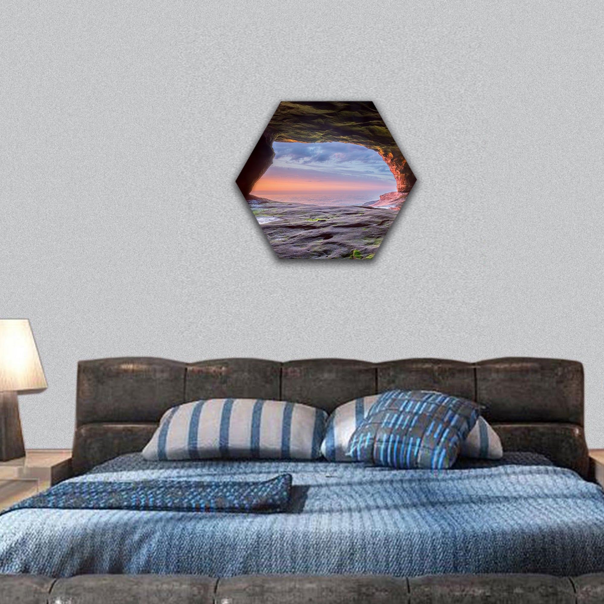 sea cave radiate over Lake Superior hexagonal canvas wall art