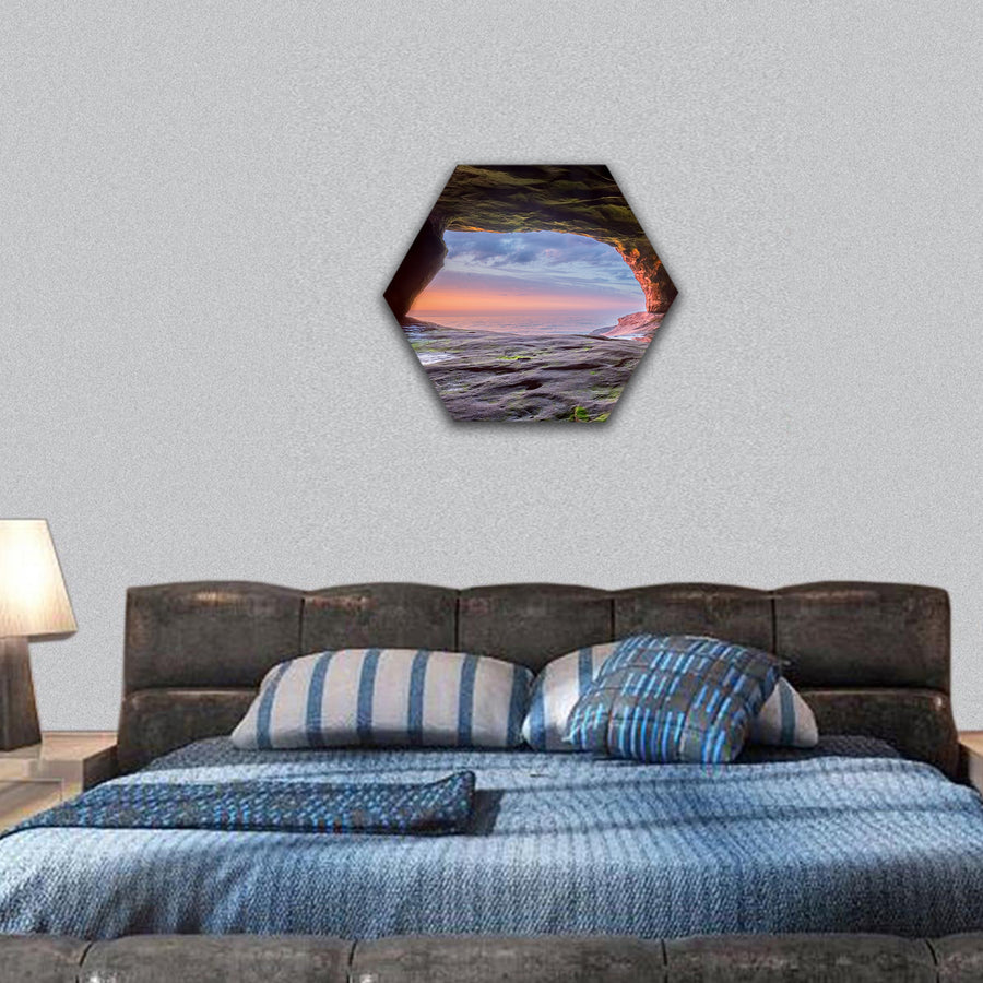 sea cave radiate over Lake Superior hexagonal canvas wall art