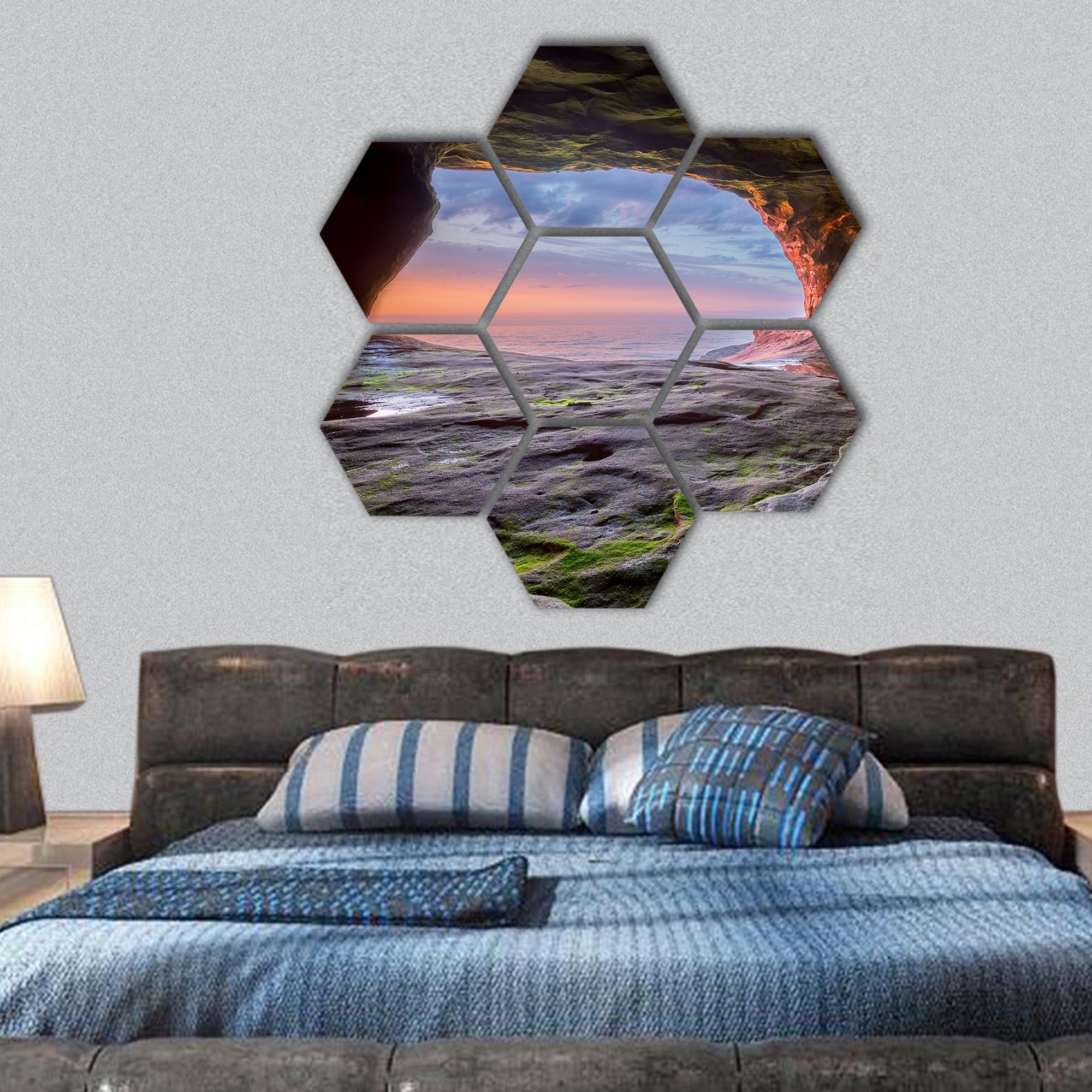 sea cave radiate over Lake Superior hexagonal canvas wall art