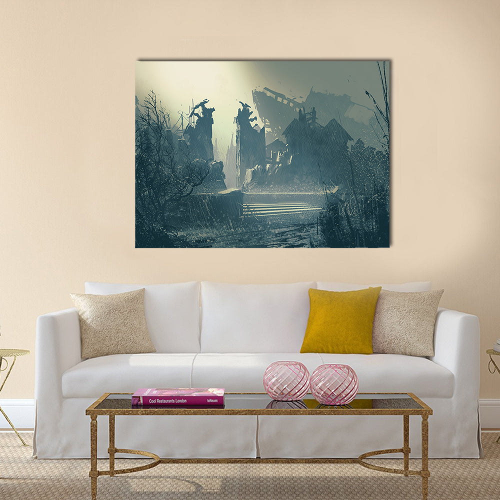 Abandoned city in heavy rain,landscape painting Multi Panel Canvas Wall Art