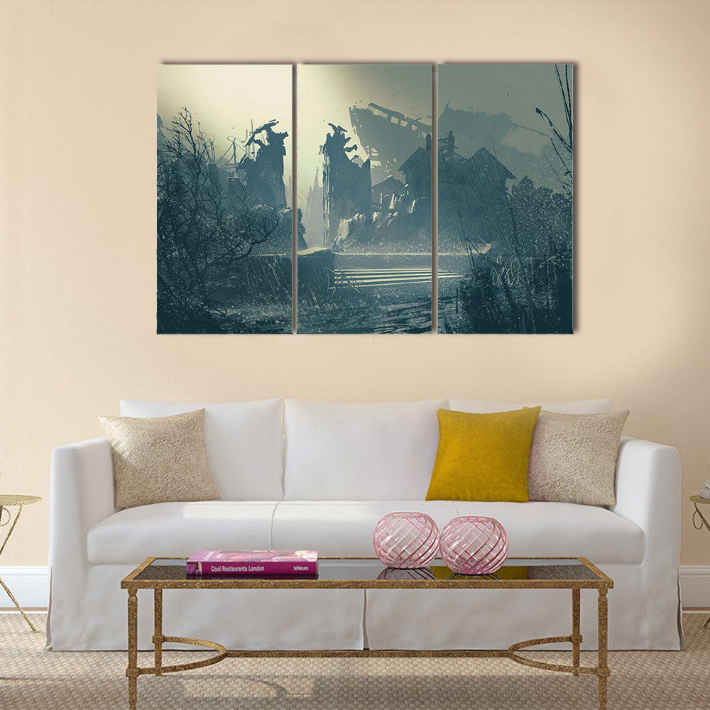 Abandoned city in heavy rain,landscape painting Multi Panel Canvas Wall Art