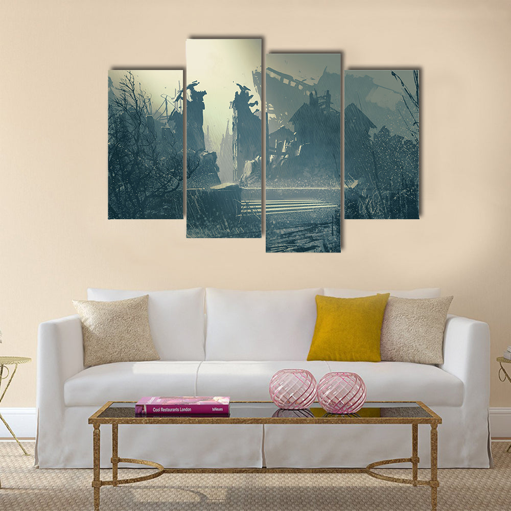 Abandoned city in heavy rain,landscape painting Multi Panel Canvas Wall Art