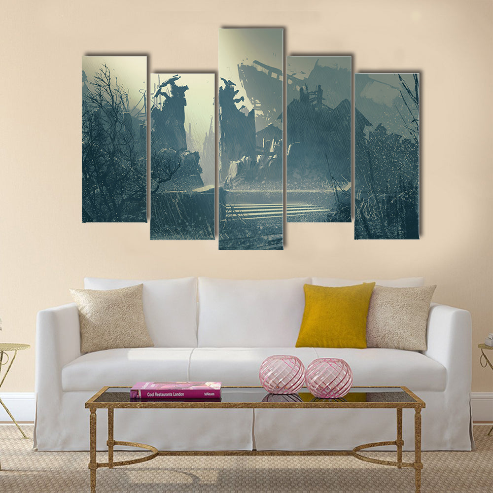 Abandoned city in heavy rain,landscape painting Multi Panel Canvas Wall Art
