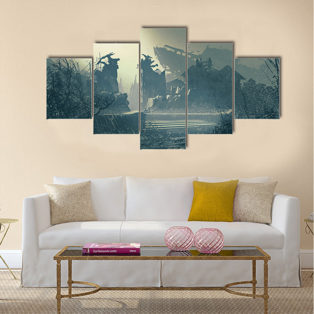 Abandoned city in heavy rain,landscape painting Multi Panel Canvas Wall Art