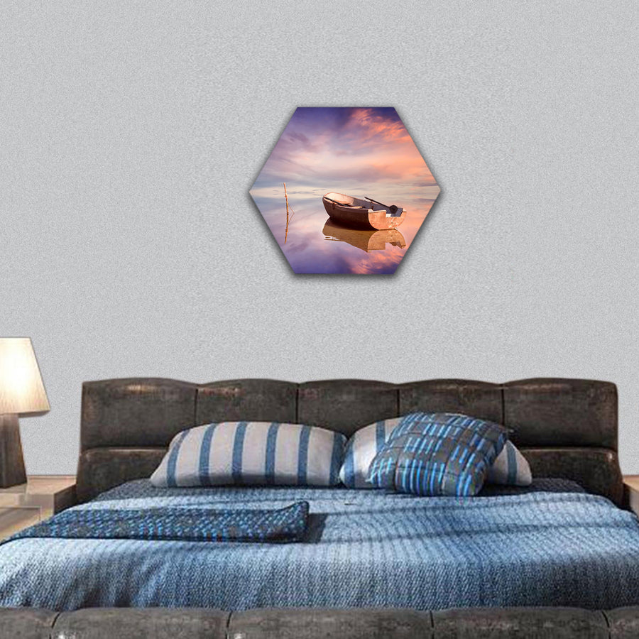 Lonely boat and amazing sunset at the sea hexagonal canvas wall art