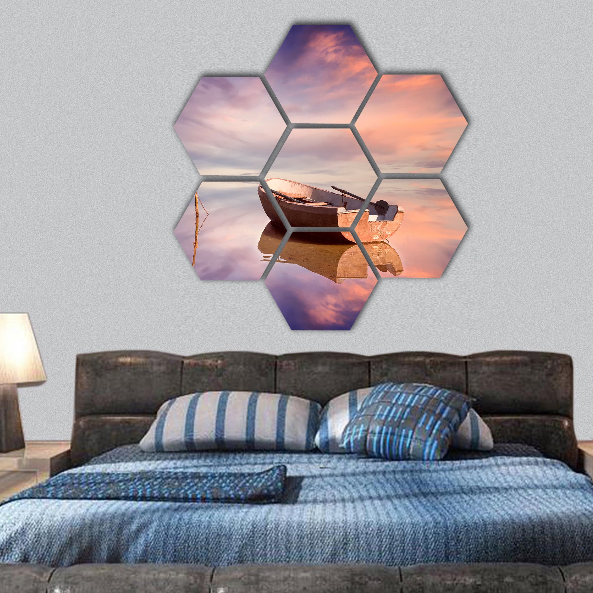Lonely boat and amazing sunset at the sea hexagonal canvas wall art