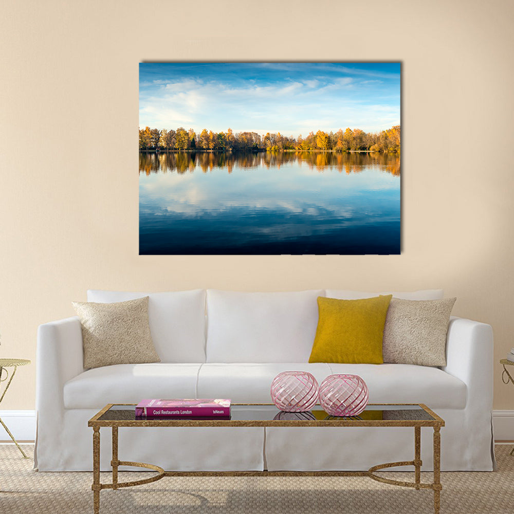 Picture of a lake and trees with colorful leaves multi panel canvas wall art