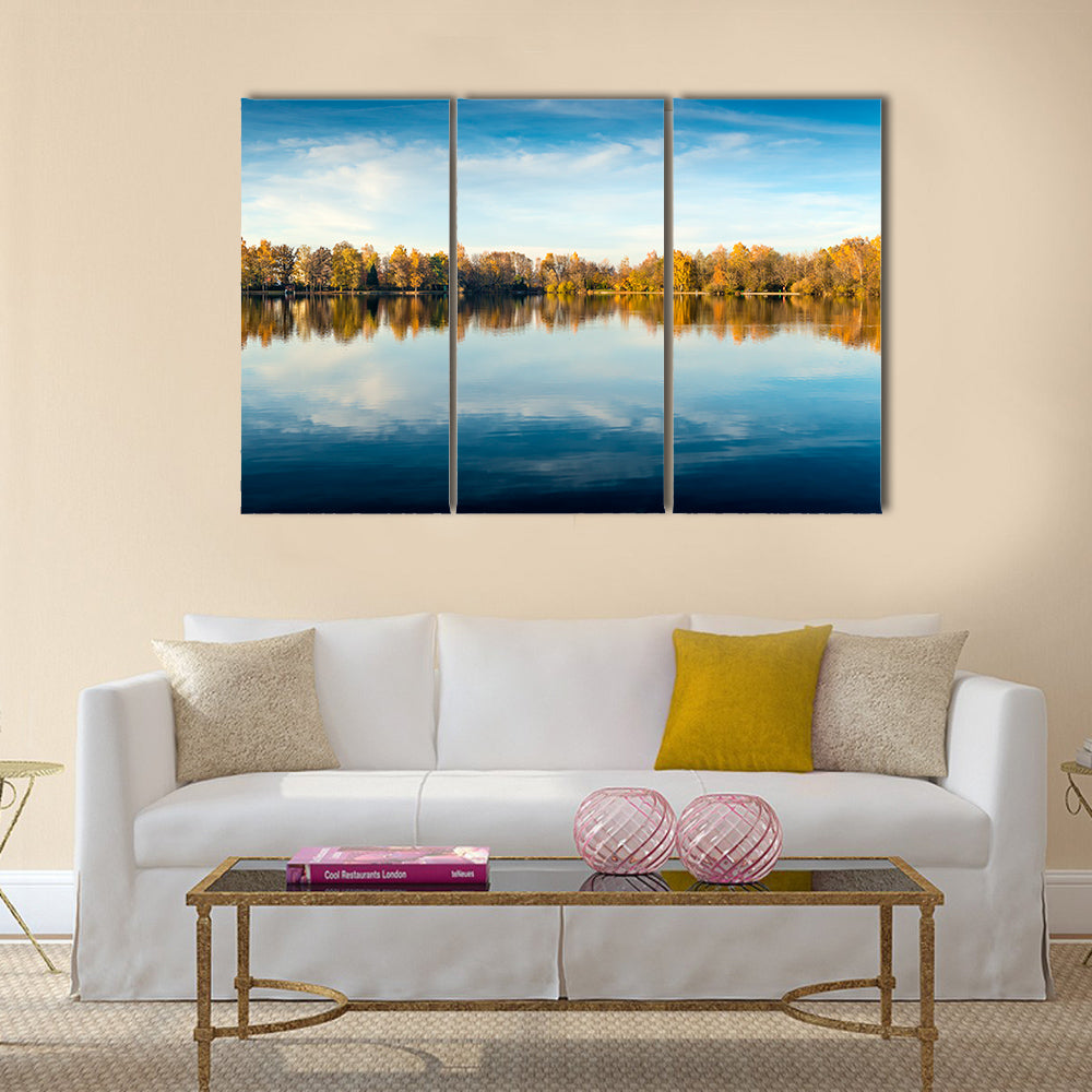 Picture of a lake and trees with colorful leaves multi panel canvas wall art
