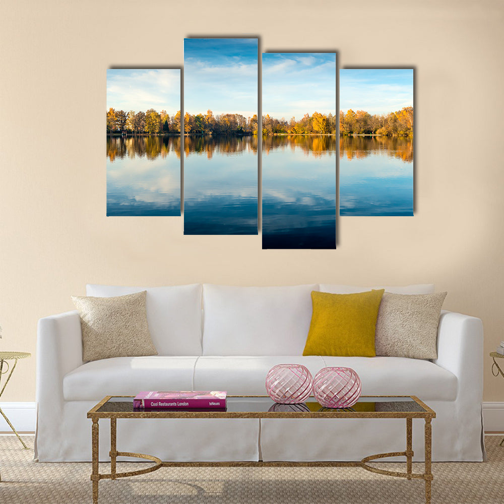 Picture of a lake and trees with colorful leaves multi panel canvas wall art