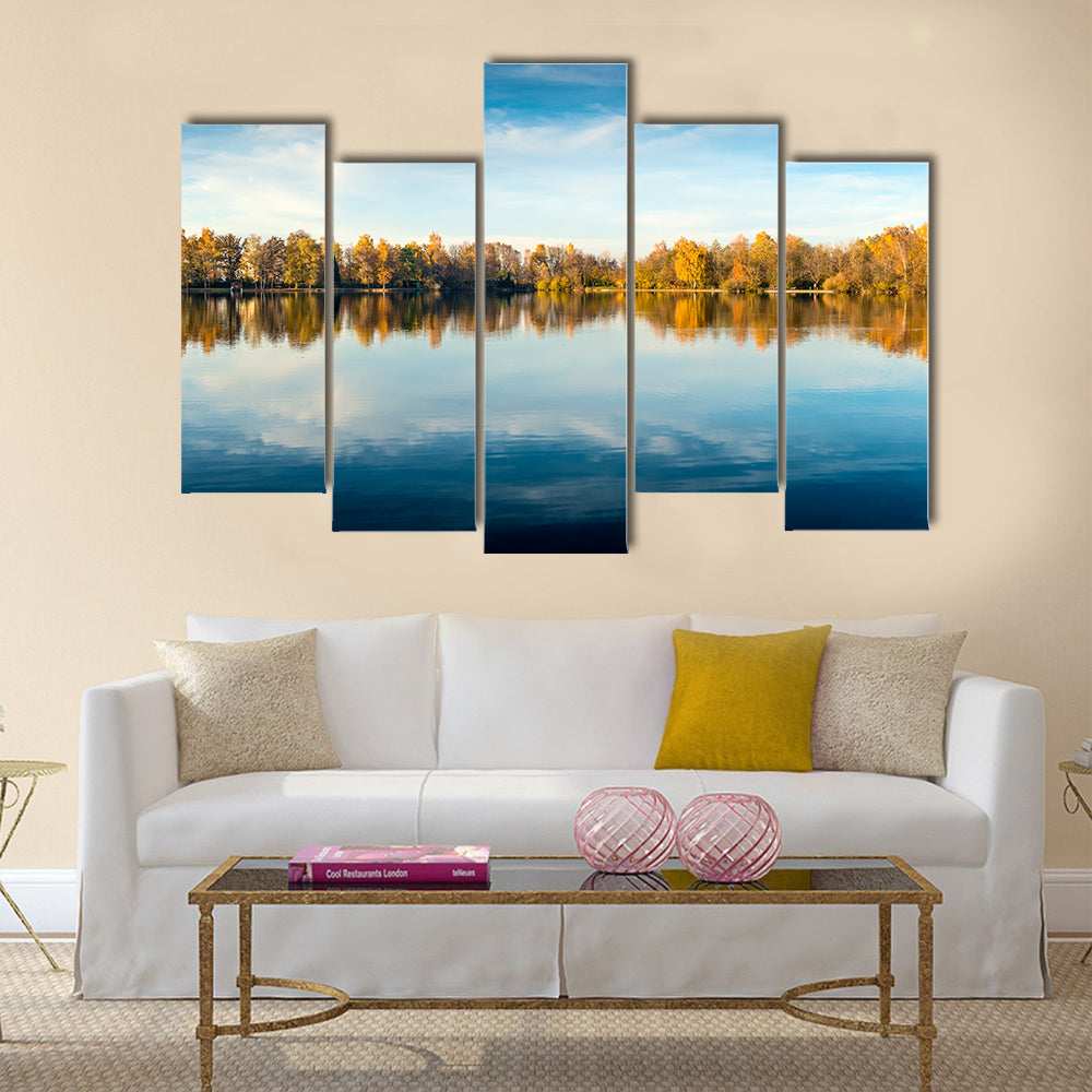 Picture of a lake and trees with colorful leaves multi panel canvas wall art