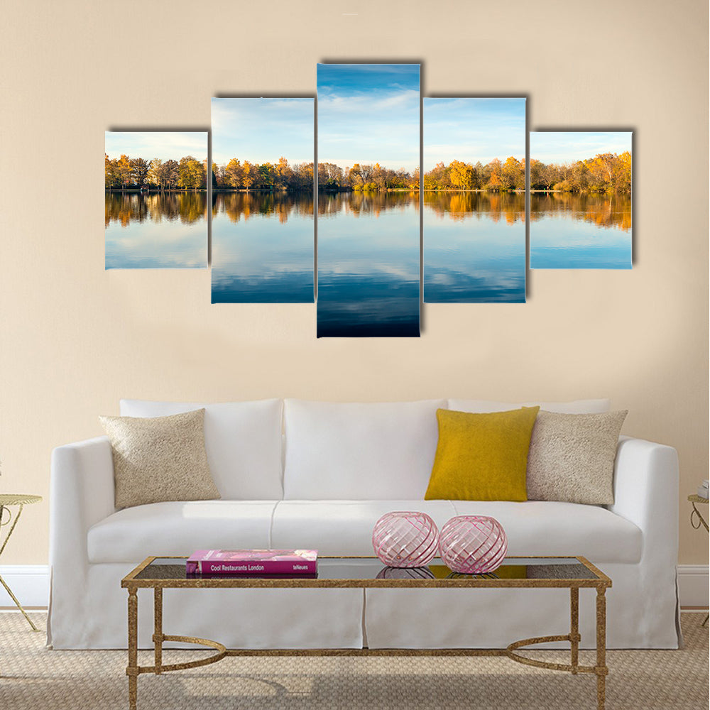 Picture of a lake and trees with colorful leaves multi panel canvas wall art